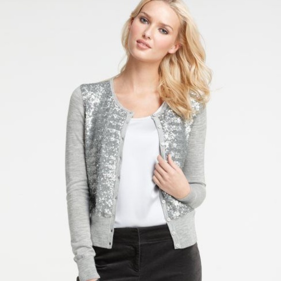 ANN TAYLOR LOFT Sequin Silver Cardigan, Like New! - Picture 2 of 3
